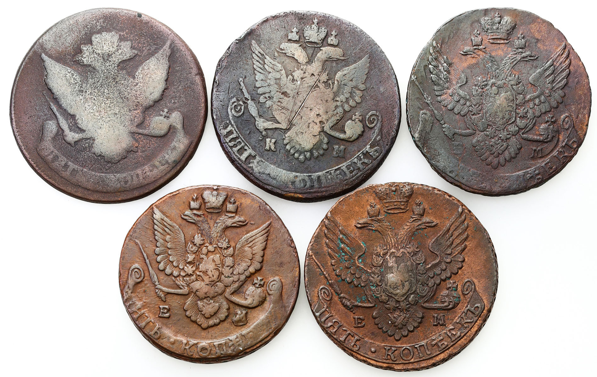 Rosja. Katarzyna II. 5 kopiejek 1786-1790, zestaw 5 monet